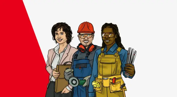 Drei Personen, ein Beitrag für die Metallbranche: eine Frau mit Aktenkoffer, ein Mann mit Schutzhelm und Winkelschleifer, eine Frau mit Werkzeuggürtel und Falzbein.