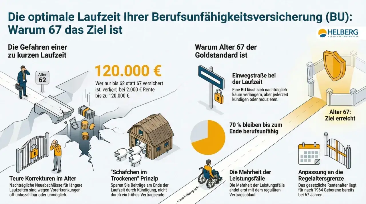 Die optimale BU-Laufzeit: Warum 67 das Ziel ist. Eine BU lässt sich kaum verlängern. Alter 67 ist der Goldstandard.