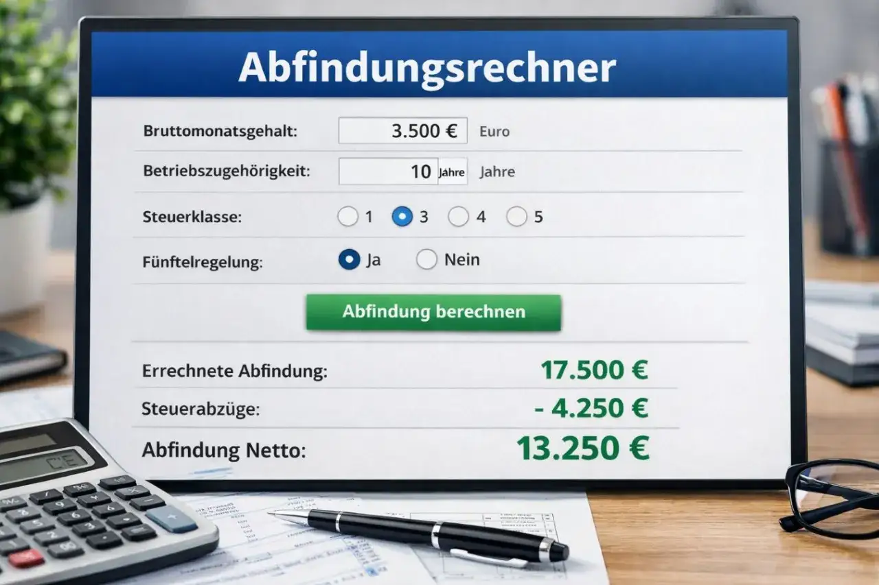 Abfindungsrechner zeigt eine Berechnung f&uuml;r eine Abfindung nach 4 Jahren Betriebszugeh&ouml;rigkeit. Das Ergebnis ist 13.250 &euro; netto.