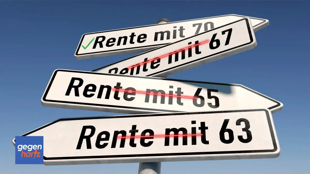 Wegweiser mit Optionen für das Renteneintrittsalter 70, 67, 65 und 63. Nur