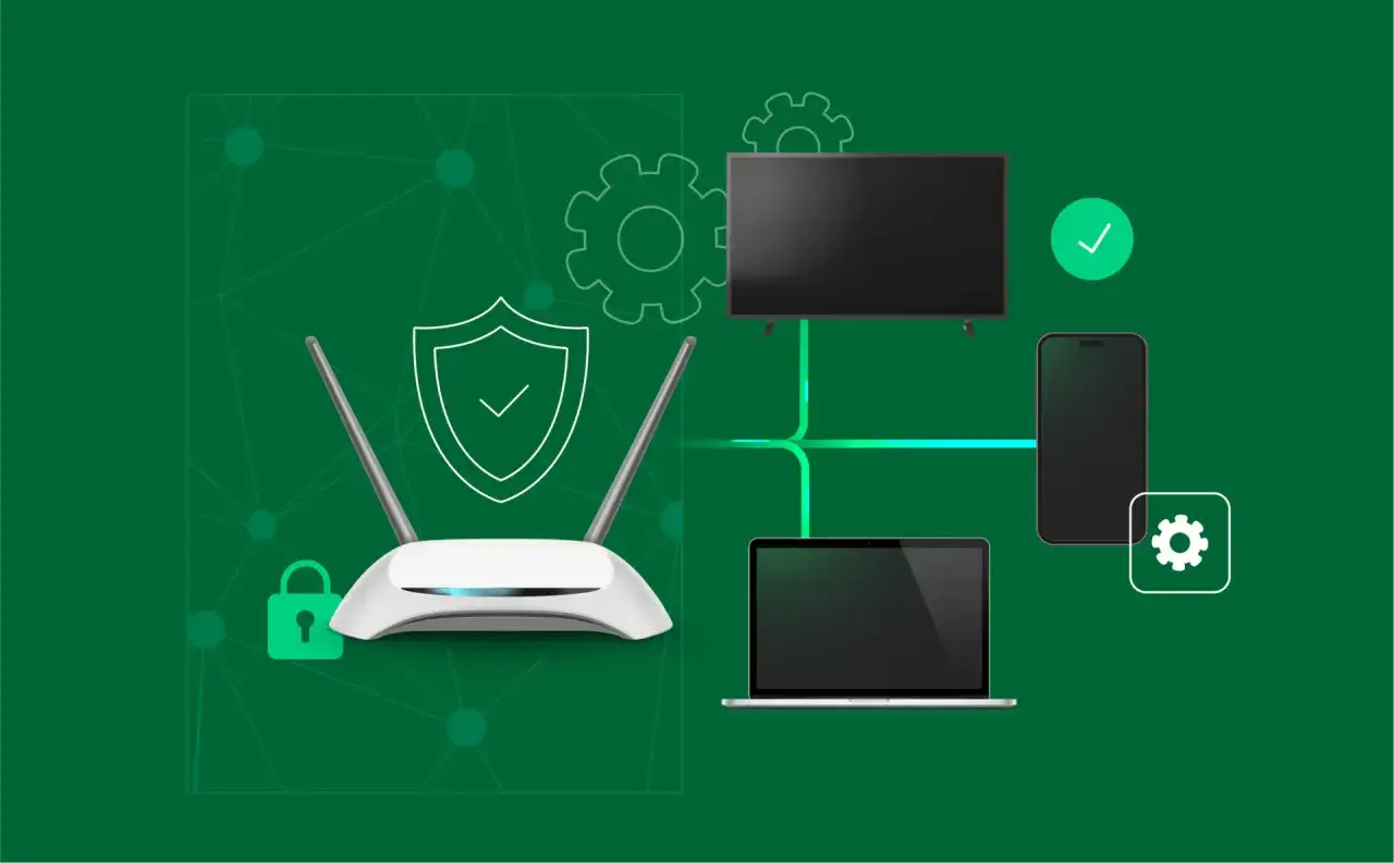 Router, Laptop, Smartphone und Fernseher sind mit einem Sicherheitsschild verbunden. Das Symbol eines Schlosses und Zahnräder deuten auf home office sicherheit hin.