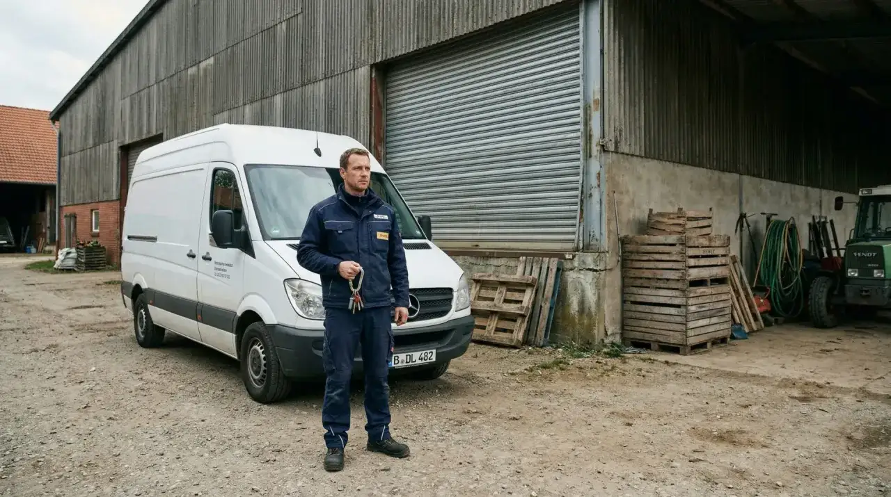 Mann mit Schlüsseln steht vor weißem Lieferwagen auf einem Bauernhof. Zeitarbeit kein Einsatz kein Geld.