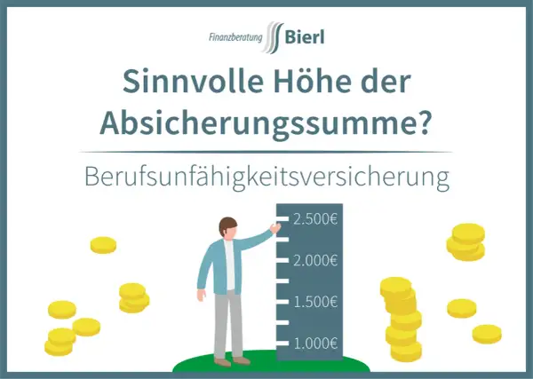 Mann fragt sich: bu rente wie hoch? Berufsunfähigkeitsversicherung mit Skala von 1.000€ bis 2.500€ und Münzen.